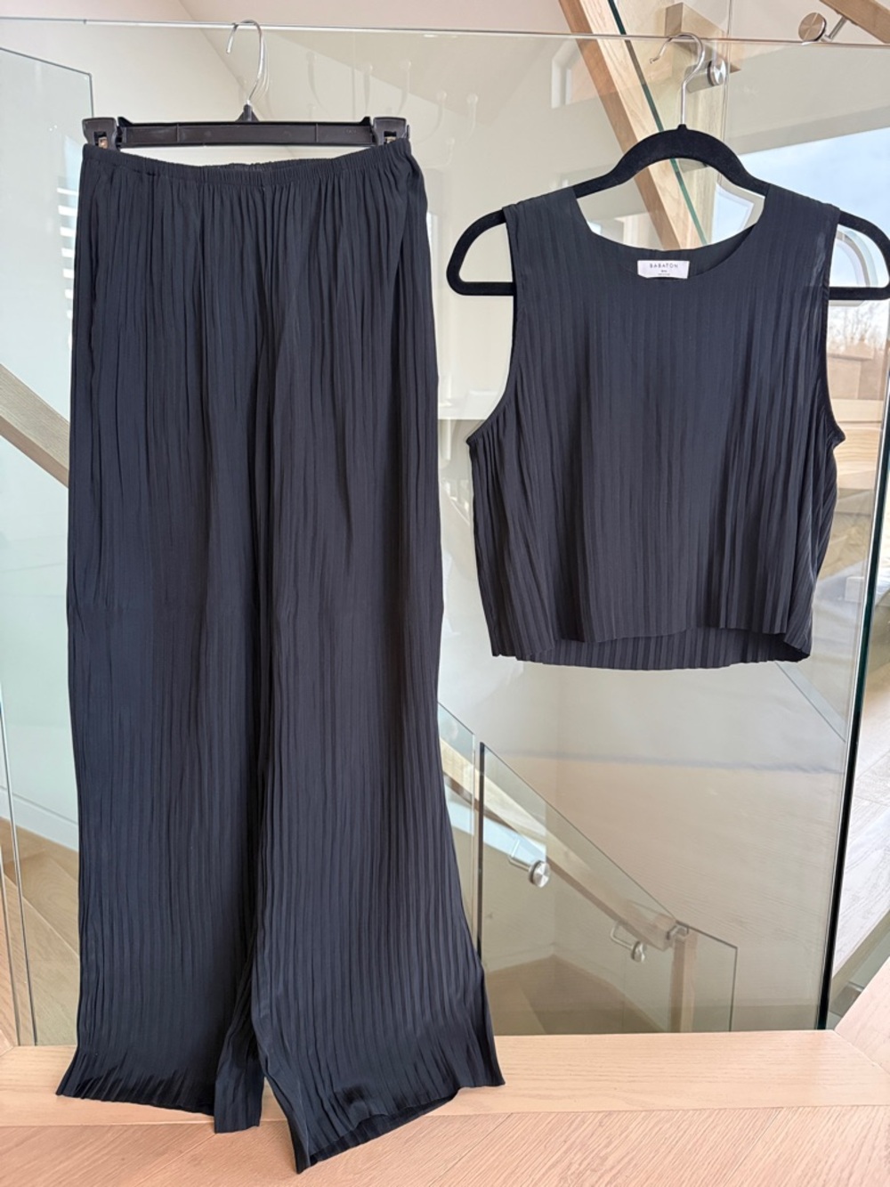 Babaton Black Pleated Wide-Leg Pants with Matching Sleeveless Crop Top